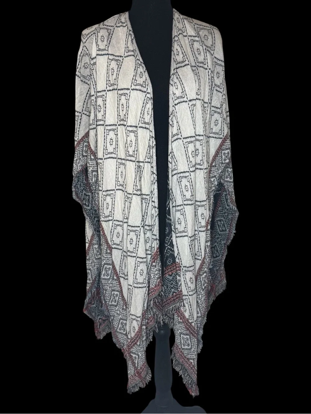 Ecote Ivory and Slate Geometric Knit Wrap with Pink Accents